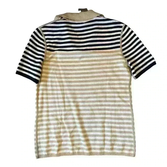 NWT ST JOHN SPORT SANTANA KNIT STRIPED SHORT SLEEVE COLLARED TAN/NAVY TOP SIZE P - Picture 2 of 6